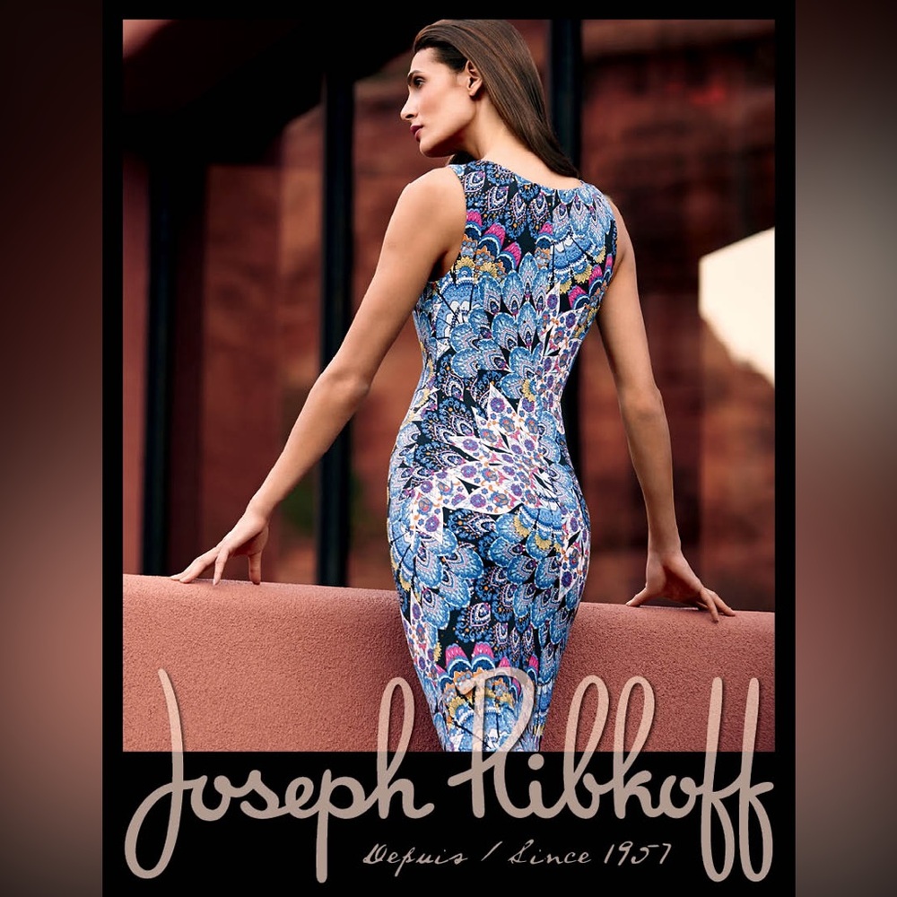 Joseph Ribkoff peacock sequinned jersey dress size 8